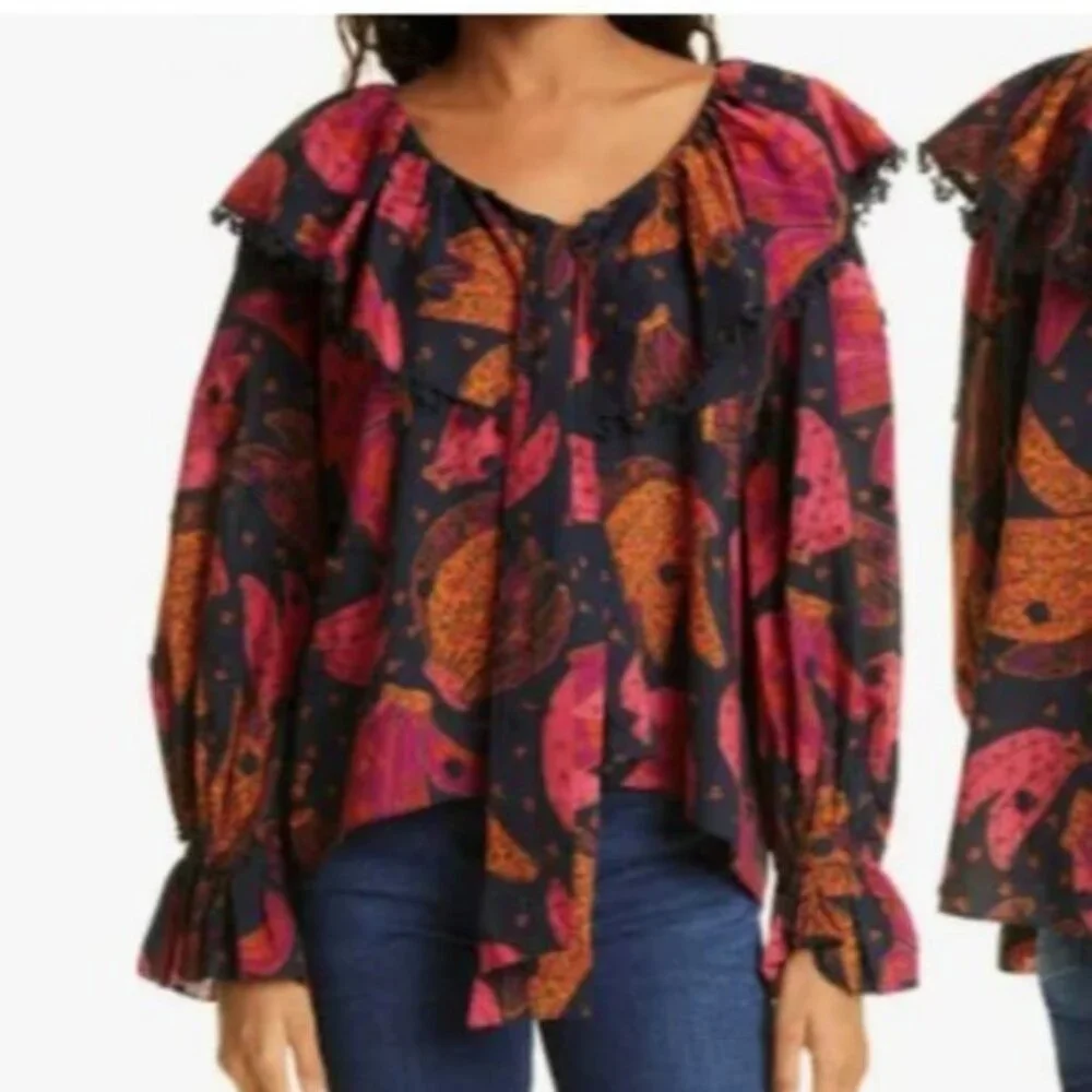 Farm Rio Tropical Print Ruffle Tie Front Cotton Blouse - Picture 1 of 5